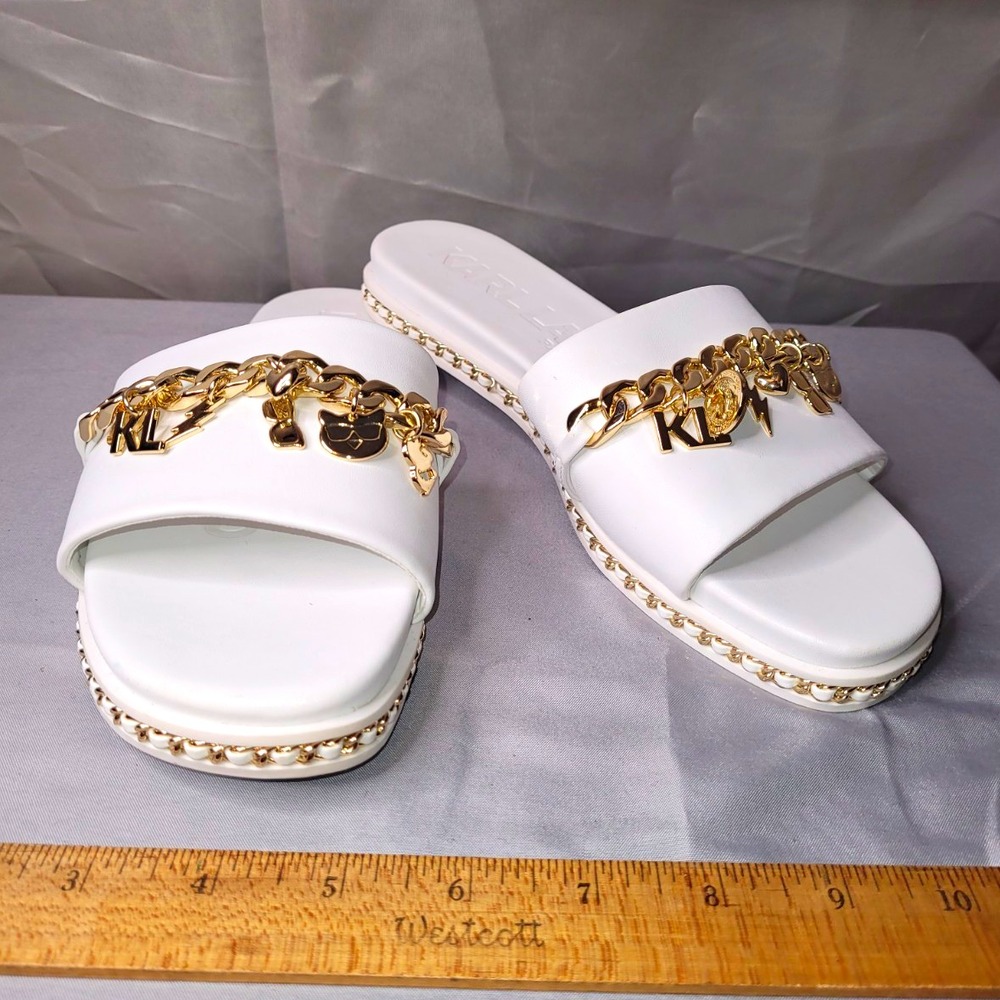 Karl Lagerfeld Paris Women's White/Gold Slide Sandals Chain Logo Accents US 8